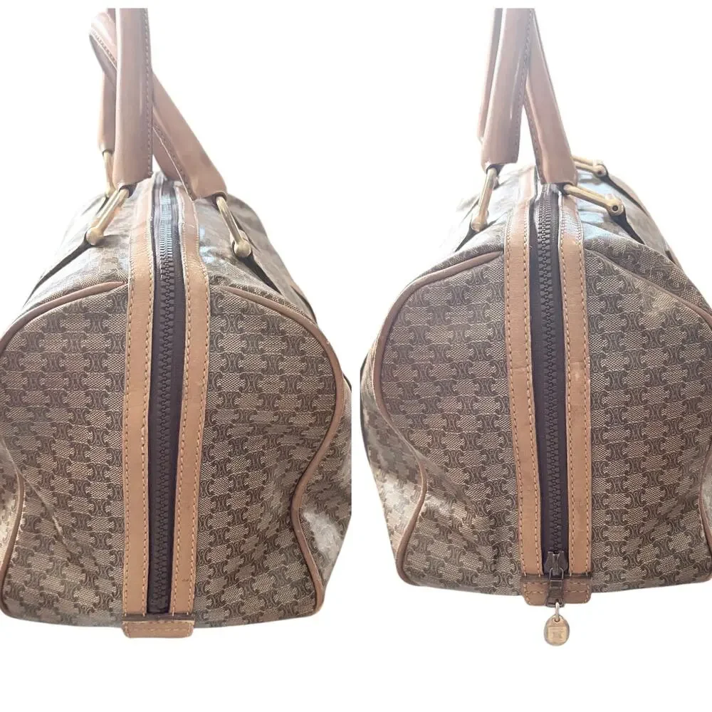 Vintage Céline Macadam Monogram Coated Canvas Boston Bag Tan Leather Trim